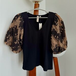 Anthropologie Black Blouse with Tan Lace Sleeves